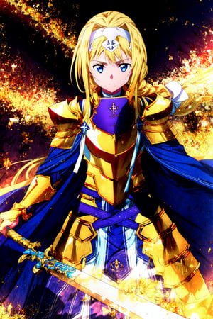 1girl, armor, long hair, alice zuberg, solo, blonde hair, blue eyes, weapon, blue cape, knight, sword, hairband, shoulder armor, dutch angle, sheath, cape,(gold breastplate:1.5), looking at viewer, white hairband, very long hair, braid, sheathed, pauldrons,gold armored dress, fantasy, white bow,(gold body armor:1.5), standing, blue dress, bangs, bow, dress, faulds, gauntlets, floating hair, white ribbon, sidelocks, ribbon, closed mouth, hair bow
