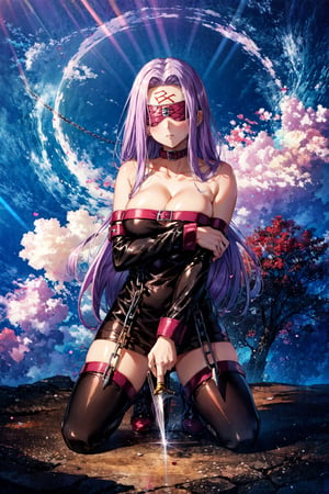 MedFSN, 1girl, solo, long hair, large breasts, thighhighs,cleavage, bare shoulders, very long hair, purple eyes, weapon, purple hair, boots, detached sleeves, black footwear, collar, kneeling, strapless, chain, thigh boots, facial mark, short dress, knife, strapless dress, forehead mark, blindfold,CLOUD,Circle