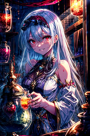 masterpiece,best quality,highres,cinematic lighting,dramatic angle,1girl,white hair,hairband,looking at viewer,shaded face,glowing eyes,red eyes,white robe,bare shoulders,potion on shelf,Biological samples soaked in formalin within glasses,indoors,laboratory,atelier,boiling pot,evil smile,tassel,layered dress,detached sleeves,,upraised eyebrows,holding pink steamy love potion,floating heart,