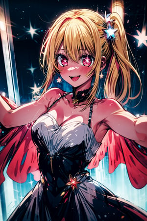 1girl, solo, , Hoshino Ruby, symbol-shaped pupils, (left star-shaped pupils:1.2), sparkling eyes, (star in left eye:1.2), symbol in eye, red eyes, long hair, blonde hair, bangs, blush, (side ponytail:1.1), (dress:1.2), on the stage, idol, dancing, spotlight, smile, (masterpiece:1.2), highres, best quality, 8k, very clear,MOLESTATION,ruby hoshino