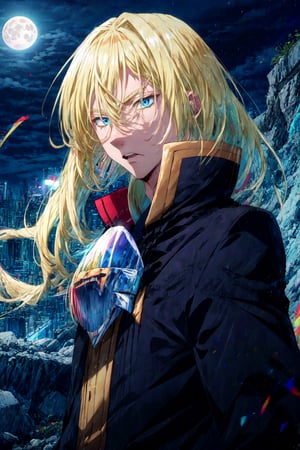 score_9, score_8_up, score_7_up, source_anime, rating_safe, , (realistic:0.6), , depth of field, 1boy, solo, male focus, , leon_cromwell, blonde hair, blue eyes, long hair, hair between eyes, asymmetrical, plane, night, full moon, singing, :\3, ,
