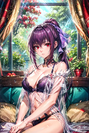 fgoskadi, , skadi, long hair, purple hair, (red eyes:1.5), ponytail, hair ribbon, ribbon, BREAK lingerie, BREAK indoors, bed, BREAK looking at viewer, BREAK , (masterpiece:1.2), best quality, high resolution, unity 8k wallpaper, (illustration:0.8), (beautiful detailed eyes:1.6), extremely detailed face, perfect lighting, extremely detailed CG, (perfect hands, perfect anatomy),Circle