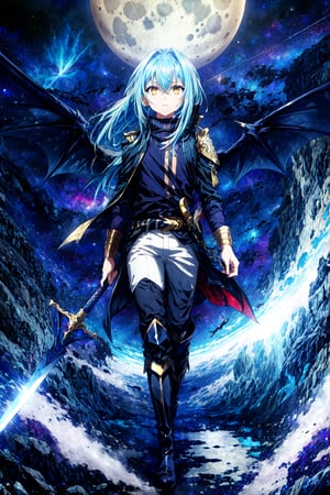 score_9, score_8_up, score_7_up, score_6_up, tsepmet_urumir_xl, rimuru tempest, tensei shitara slime datta ken,moon, rating:safe, full moon, night, star \(sky\), starry sky, night sky, bat wings, long hair, moonlight, blue hair, sky, rimuru tempest, very long hair, wings, boots, shooting star, planet, long sleeves, pants, sword, hair between eyes, weapon, knee boots, solo, space, closed mouth, white pants, yellow eyes, looking at viewer, androgynous, bangs, crescent moon, shiny hair, fantasy, (ultra HD quality details),