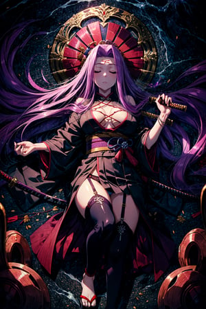 (masterpiece:1.4), (best quality:1.4), 1girl, , medusa (rider) (fate),long hair, medusa (fate), purple hair, solo, closed eyes,large breasts, very long hair, night, thighhighs, (kimono), katana, lingerie, ((meditation)), hands on feet, katanas are lying nearby,