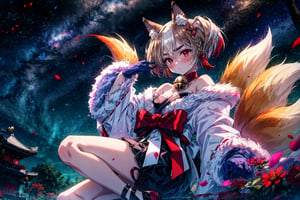 1girl, laying, sleep, wing, full shot, cover, (highres, realistic, best quality, masterpiece, ultra-detailed, textured, ambient lighting, cinematic lighting), animal ears ,1girl , fox ears, animal ear fluff ,bangs , red eyes , multicolored hair , twintails , animal ear fluff ,brown hair , hair ornament ,bell , solo ,braid ,neck bell , fox girl , jingle bell ,gloves , fur trim , ribbon ,two-tone hair ,japanese clothes ,off shoulder ,bare shoulders ,collar ,bow ,long sleeves , streaked hair ,blush , black gloves , tail ,((white hair)), fox tail , kimono ,wide sleeves , red bow , red ribbon ,multiple tails , red hair , collarbone , hair ribbon , short hair , choker , socks , shorts , ribbon trim , sash , black shorts , rope , small breasts , white kimono , fur-trimmed sleeves , tabi , black footwear , black socks , gradient hair , v-shaped eyebrows , dress ,sandals , hair between eyes , obi , medium hair , grey hair , thick eyebrows , short twintails , strapless , sweat , shimenawa , outdoors , fur-trimmed kimono kitsune, earrings, japanese flag, jewelry, blue background, sky, red petals