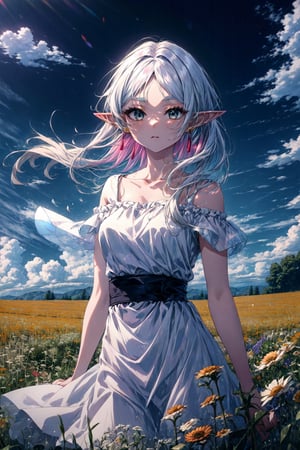 masterpiece, best quality, highres, aafrie, long hair, white hair, parted bangs, pointy ears, earrings, thick eyebrows, collarbone, bare shoulders, white dress, sleeveless dress, , wind, field,