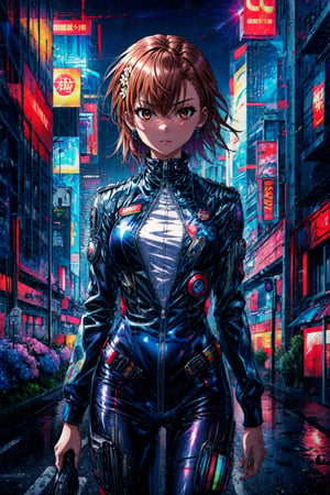 masterpiece, best quality, highres, aamikoto, short hair, hair flower, , bodysuit, pilot suit, cyberpunk, glvoes, street, night