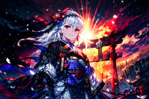 masterpiece,best quality,highres,cinematic lighting,dramatic angle, ,white hair,hair ornaments,hair flower,hairband,red eyes,costume7,furisode,long sleeves,ribbon,braid,flower,hairband,japanese clothes,kimono,sash,petals,obi,Unsheathing Sword,katana,holding,jinja,torii,looking at viewer,evil smile, ,lens flare,dynatic angle,from below,glowing,shaded face,sunset,burning sky