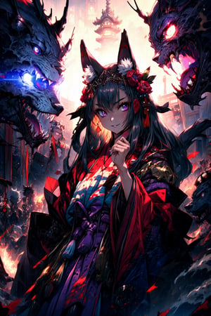 masterpiece,best quality,highres,cinematic lighting,dramatic angle,,1girl,animal ears,hair ornament,purple eyes,white hair,long hair,shaded face,evil smile,parted lips,looking at viewer,cowboy shot,japanese clothes,obi,wide sleeves,burning village,blood,(pile of corpses:1.2),red topwear,purple skirt