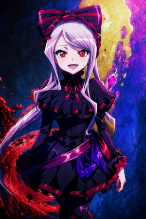 masterpiece, best quality, ShalltearV4, 1girl, solo, long hair, looking at viewer, smile, open mouth, dress, bow, hair bow, frills, fang, v, blood, lolita fashion, gothic lolita, full body,shalltear,shalltear bloodfallen