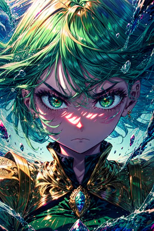 masterpiece, best quality, (detailed background), (beautiful detailed face, beautiful detailed eyes), absurdres, highres, ultra detailed, masterpiece, best quality, detailed eyes, :(, frown, green_eyes, green hair,floating, dark green tight dress, long_sleeves, high collar, 
