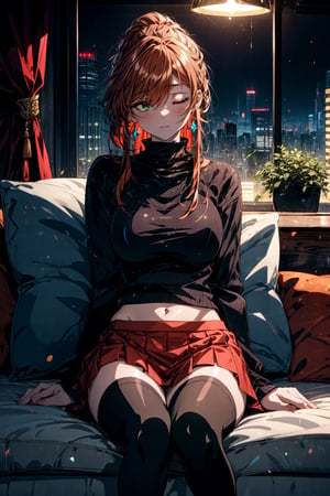 Flamme,1girl,bangs,solo,braided ponytail,single braid,brown hair,orange hair,very long hair,(sidelocks:0.9),red earrings,hair over one eye,green eyes,blue eyes,night,indoors,1girl,solo,thighhighs,brown hair,skirt,sitting,midriff,closed eyes,navel,bed,underwear,long hair,indoors,breasts,high heels,panties,couch,curtains,pillow,, Exquisite visuals, high-definition,masterpiece,best quality,Exquisite visuals,high-definition,masterpiece,best quality,18yo,Young female,Beautiful Fingers,Beautiful long legs,Beautiful body,Beautiful character design,