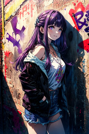 masterpiece,best quality,1girl,aafern,long hair,purple hair,blunt bangs,purple eyes,large breasts,black jacket,open jacket,white tank top,necklace,denim shorts,hands in pockets,smile,against wall,graffiti,city,cowboy shot,from side,
