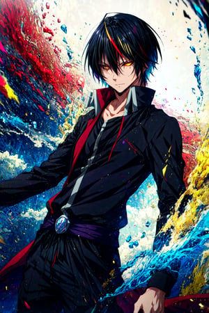 masterpiece, best quality, wallpaper, 1boy, solo, male focus, looking at viewer, , depth of field, , diablo_tensei_shitara, black hair, yellow eyes, multicolored hair, streaked hair, red hair, colored sclera, black sclera, joggers, , A magical kingdom where everything is perfect and everyone is happy,