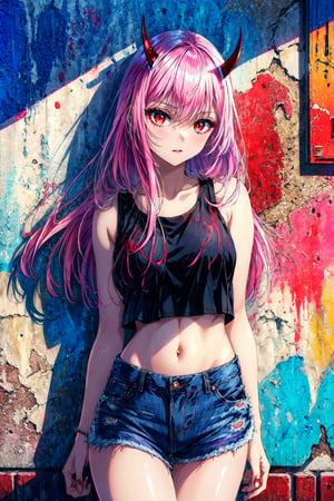 Masterpiece, best quality, hd, perfect lighting, unreal engine ended, illustration, 1 girl, alone, long hair, pink hair, red eyes, red eye shadow, short red horns, jorts, jeans short, white crop top, light perfect, street alley, graffiti, day, cowboy shot, leaning against wall, head tilted, aazero2, more detail , horns,EpicArt