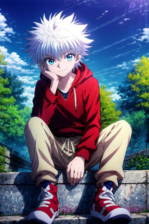 killua_zoldyck, 1boy, solo, looking at viewer, smile, short hair, blue eyes, long sleeves, sitting, closed mouth, white hair, male focus, outdoors, sky, shoes, day, pants, cloud, hood, hoodie, hood down, red footwear, sneakers, hand on own face, head rest, red hoodie, rating_safe, score_8_up 