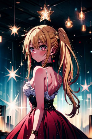 1girl, solo, , Hoshino Ruby, long hair, blonde hair, bangs, blush, red eyes, symbol-shaped pupils, (Left star-shaped pupils:1.1), sparkling eyes, (star in left eye:1.1), symbol in eye, side ponytail, cowboy shot|★\[牛仔射擊\], day, (masterpiece:1.2), highres, best quality, 8k, very clear,