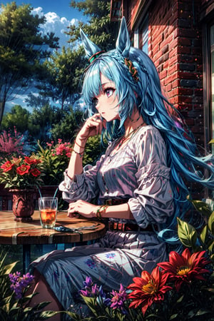 masterpiece, best quality, mejiro ardan \(umamusume\), sitting, table, from side, looking to the side, field of flower, jewelry, necklace, long sleeves, white shirt, belt, necklace, blue skirt, long skirt, floral print, 