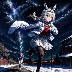 masterpiece, best quality, oguri cap \(umamusume\), closed mouth, (running:1.3), dynamic angle, christmas hair ornament, white gloves, white jacket, black pantyhose, white shirt, frills, white skirt, white vest, belt, grey legwear, full body, snow horizon, stars in sky backgrounds, moon,