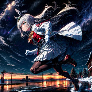 masterpiece, best quality, oguri cap \(umamusume\), closed mouth, (running:1.3), dynamic angle, christmas hair ornament, white gloves, white jacket, black pantyhose, white shirt, frills, white skirt, white vest, belt, grey legwear, full body, snow horizon, stars in sky backgrounds, moon,