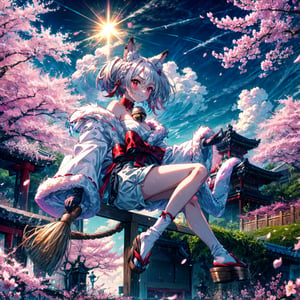 1girl, smile, apron, braid, broom, broom riding, cloud, painting \(medium\), shoes, single braid, sky, solo, sun, sunset, ,1girl, album cover, ((cherry blossoms)), detached sleeves, flower, frills,bow, hair bow, midriff, navel, pink petals, smile,,1girl, from side, (highres, realistic, best quality, masterpiece, ultra-detailed, textured, ambient lighting, cinematic lighting), animal ears, stand, fox ears, animal ear fluff ,bangs , red eyes , multicolored hair , twintails , animal ear fluff ,brown hair , hair ornament ,bell , solo ,braid ,neck bell , fox girl , jingle bell ,gloves , fur trim , ribbon ,two-tone hair ,japanese clothes ,off shoulder ,bare shoulders ,collar ,bow ,long sleeves , streaked hair ,blush , black gloves , tail ,((white hair)), fox tail , kimono ,wide sleeves , red bow , red ribbon ,multiple tails , red hair , collarbone , hair ribbon , short hair , choker , socks , shorts , ribbon trim , sash , black shorts , rope , small breasts , white kimono , fur-trimmed sleeves , tabi , black footwear , black socks , gradient hair , v-shaped eyebrows , dress ,sandals , hair between eyes , obi , medium hair , grey hair , thick eyebrows , short twintails , strapless , sweat , outdoors , fur-trimmed kimono kitsune, earrings, japanese flag, ,long skirts,socks