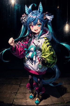 simple Background, Drop Shadow, Full Body, AATwin, Little Girl, Petite, Flat Chest, Heterochromia, @_@, V-Shaped Eyebrows, Smile, :d, Open Mouth, Sharp Teeth, Aqua Hair, Twintails, Crossed Bangs, Ahoge, Hair Ribbon, Hores Eares, Horse Tail, Hooded Coat, Hood Down, Layered Sleeves, Bodysuit, Stuffed Rabbit, Ankle Boots, Standing, Outstretched Arm, Arm, Up, Clenched Hands, Raised Fist, Looking At Viewer, Best Quality, Amazing Details, Brilliant Colorful Paintings 