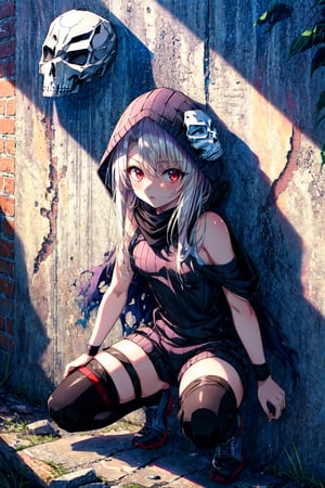 masterpiece, best quality, highres, aaillya, small breasts, hood up, skull mask, torn scarf, black scarf, bare shoulders, short jumpsuit, arm wrap, single thighhigh, black thighhighs, , ruins, indoors, squatting, against wall,