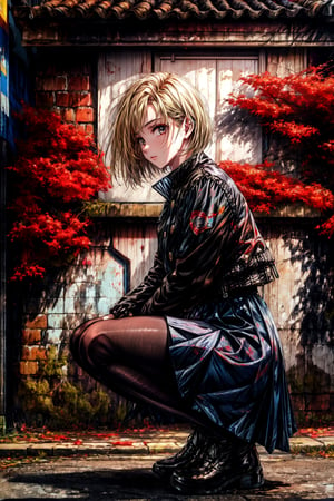 masterpiece, best quality, highres, aanobara, short hair, (black jacket:1.2), buttons, long sleeves, black skirt, high-waist skirt, black pantyhose, , squatting, outdoors, street, from side, wall, looking at viewer,