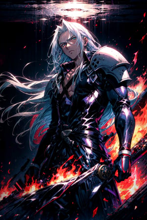 sephiroth, floating, from below, (kubrick stare), final fantasy, white hair, armor, shoulder pads, background of flames, masterpiece, best quality, CG, wallpaper, HDR, high quality, high-definition, extremely detailed