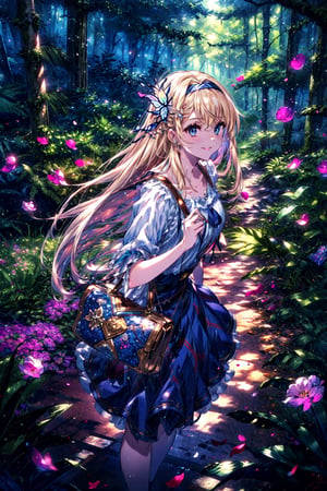 masterpiece,best quality,highres,cinematic lighting,dramatic angle,1girl,, blue eyes,blonde hair,hairband,portrait,taking a walk,forest,woods,butterflies,petals,leaves,branches,looking at viewer,smile,bent over,long skirt,handbag,veil,arms behind back