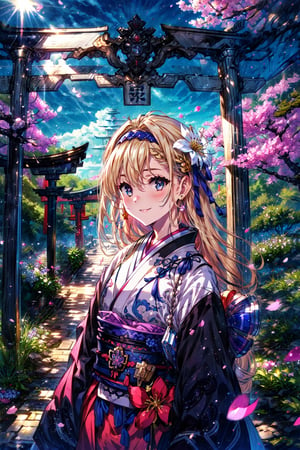 masterpiece,best quality,highres,cinematic lighting,dramatic angle,1girl,,blonde hair,blue eyes,hair ornament,furisode,costume8,cherry blossoms,looking at viewer,tilting head,blush,smile,long sleeves,ribbon,braid,flower,hairband,japanese clothes,kimono,sash,petals,obi,sunshine,torii,depth of field,bricks,jinja,CLOUD