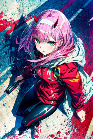 score_9, score_8_up, score_7_up, zero two, green eyes, hairband, horns, long hair, pink hair, red horns, white hairband, jacket, leggings, red jacket, white footwear, from above, detailed background