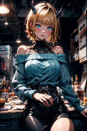 memcho, ,memcho, blonde hair, blue eyes, blunt bangs, demon horns, fake horns, horns, short hair,BREAK bare shoulders, black skirt, (blue sweater:1.5), long sleeves, off shoulder, off-shoulder sweater, puffy sleeves, skirt, sweater, white ribbon,BREAK looking at viewer,BREAK indoors,BREAK , (masterpiece:1.2), best quality, high resolution, unity 8k wallpaper, (illustration:0.8), (beautiful detailed eyes:1.6), extremely detailed face, perfect lighting, extremely detailed CG, (perfect hands, perfect anatomy),