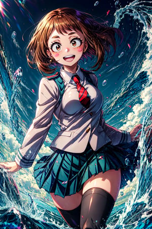 uraraka_ochako boku no hero academia 1girl, thick_eyebrows blush_stickers, brown_hair, brown_eyes, short_hair, sideburns, medium breasts skindantation smile :D blush  u.a._school_uniform, grey_jacket long_sleeves, white_shirt red_necktie, mos green pleated_skirt, black stocking:1.5