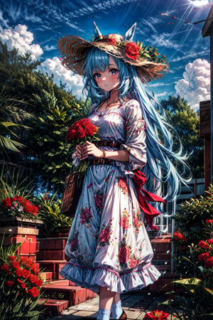 ((masterpiece, best quality)), 1girl, flower, solo, holding, sky, cloud, outdoors, bangs, bouquet, rose, expressionless, blush, flower field, red flower, holding flower, red rose, holding bouquet, sun hat, depth of field, mejiro ardan \(umamusume\), jewelry, necklace, long sleeves, white shirt, belt, necklace, blue skirt, long skirt, floral print, socks,