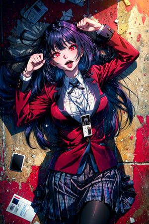 masterpiece, best quality, highres, hmjy1, long hair, blunt bangs, red eyes, school uniform, red jacket, blazer, pantyhose, white shirt, black ribbon, pleated skirt, , cowboy shot, classroom, lying, from above, (name tag:1.1), paw pose, open mouth, tongue out,