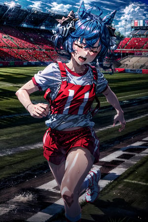 masterpiece, best quality, twin turbo \(umamusume\), running, stadium, track, wide shot, grass, closed eyes, sweat, open mouth, white shirt, gym shirt, short sleeves, gym uniform, red shorts, white socks, shoes, sneakers, white footwear,