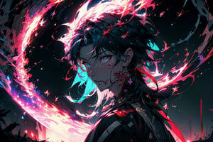 1_male, japanese clothes, spider net, pink fire, pink flames, wallpaper, landscape, blood, blood splatter, depth of field, night, light particles, light rays, sidelighting, blade \(honkai: star rail\)