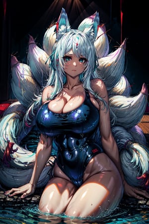 1lady,(mature female),(milf), kitsune,multiple tails,fox ears,white fox tail,aqua eyes,whisker markings, (school swimsuit:1.38), highres,official art,original,masterpiece,best quality, (huge breasts:1.08), face lighting,cinematic lighting,caustics,