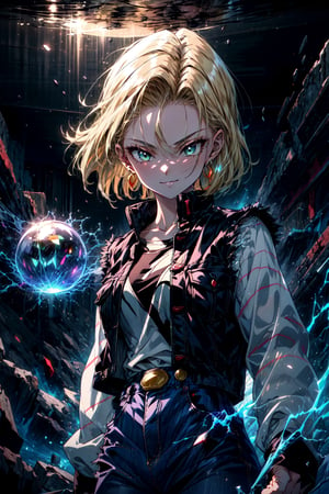 (best quality), (masterpiece),(ultra-detailed:1.2),ultra high res, 1girl, smirk, hand on ear,  ,Android18DB, striped_sleeves,long_sleeves, denim_jacket,vest,earrings,  ,forcefield,inside a huge glass sphere, (electrified:1.1),green aura, , destruction  ,  , dark theme,