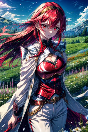 Masterpiece, Best quality, High resolutions, girl, long red hair, a headband, (large chest) chest 50 cm, protective chest armor, white skin, very sexy, beautiful red eyes, noble hunter girl clothes, clothing white, brown pants, a dark coat, a combination of a meadow background,eris_greyrat