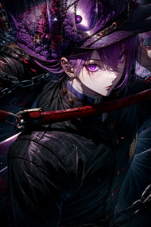 masterpiece, best quality, high detailed, high resolution, tengen, blackoutfit, dual chained swords on his back,big eyes, purple eyes