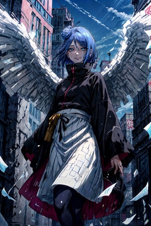 konan \(naruto\), panoramic,white papers angel wings ,1girl, short blue hair,closed mouth,perfect eyes,detailed eyes, detailed delicate face,detailed face,Detailed beautiful delicate face, brown eye pupil,exquisite eye makeup,detailed lips,lean body,small nose, (big eyes:0.3),look into sky,(black long stocking), sandals,dark city background, solo, standing in ruins,drinking,(cinema light), many towers behind her,((closed_mouth, smiling, labret piercing, sweating, heat, summer, ((summer clothes)), white dress,)),