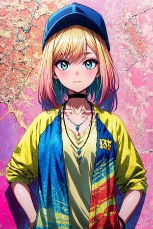 ((extreme detail)),(ultra-detailed), extremely detailed CG unity 8k wallpaper, marin kitagawa, anime screencap, baseball cap, blue and yellow striped shirt, choker, necklace, hands on hips, looking at viewer, closed mouth, necklace, upper body, pink background