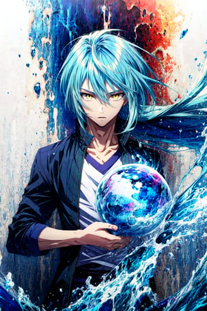 masterpiece, best quality, wallpaper, 1boy, solo, male focus, looking at viewer, , , , rimuru_tempest, blue hair, yellow eyes, long hair, , fairytale, High resolution