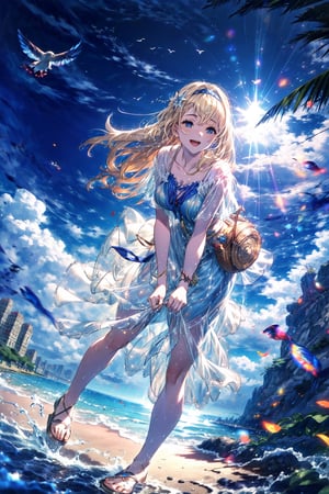 masterpiece,best quality,highres,cinematic lighting,dramatic angle,1girl,, blue eyes,blonde hair,hairband,portrait,seaside,pigeons,looking at viewer,smile,bent over,long skirt,lifting skirt,:d,closed-eyes,stepping on water,holding sandals,see-through,bare feet,beach