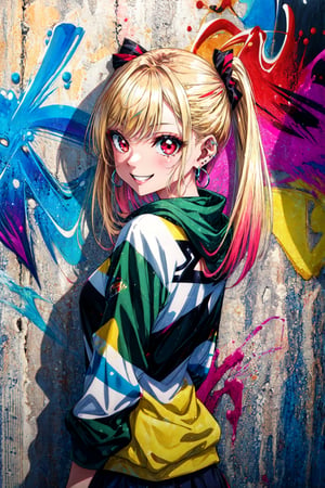 (masterpiece, best quality, detailed), 1girl, solo, looking at viewer, , kitagawa marin, blonde hair, long hair, multicolored hair, red eyes, jewelry, earrings, piercing, , hackedtech, data stream, green hues, , CONCEPT_graffiti_wall_ownwaifu, www.ownwaifu.com, (graffiti:1.2), brick wall, arms behind back, grin