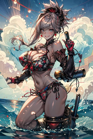 masterpiece,best quality,1girl,miyamoto musashi \(fate\),StormsandWaves,Lace Bikini,huge breasts,wide hips,thick thighs,buoy,smirk,dynamic pose, FGOMusashi:0.8,