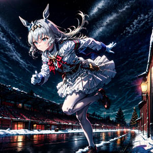 masterpiece, best quality, oguri cap \(umamusume\), closed mouth, (running:1.3), dynamic angle, christmas hair ornament, white gloves, white jacket, black pantyhose, white shirt, frills, white skirt, white vest, belt, grey legwear, full body, snow horizon, stars in sky backgrounds, moon,