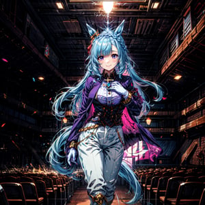 ((masterpiece, best quality)),(illustration),(detailedlight),((anextremelydelicateandbeautiful)),colorful, high contrast,1girl,Mejiro Ardan,Mejiro Ardan(Dance),horse ears,horse girl,french_braid,blue_hair,purple_eyes,crown_braid,black_gloves,thigh_boots,tailcoat,cross-laced_footwear,white_pants,brooch,blue_necktie,ear_covers,single_hair_bun,white jacket,solo, auditorium, smile,standing, hand on own chest,spark, refraction,